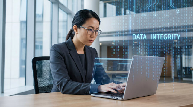 CISO in Modern Office with Binary Code Rain and Data Integrity Concept, Cybersecurity Leader Working on Laptop with Futuristic Digital Overlay
