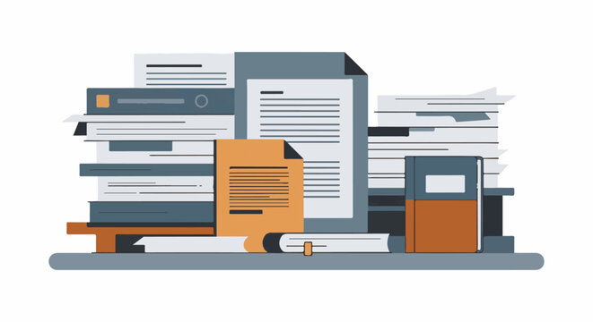 Piles of documents, books, and papers on a shelf