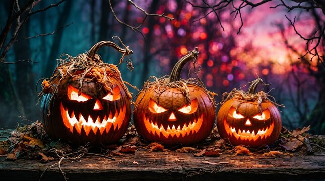 Scary grinning Halloween pumpkins with dry hay and glowing eyes in mystical dark pink forest, professional high quality seasonal stock photo for web design