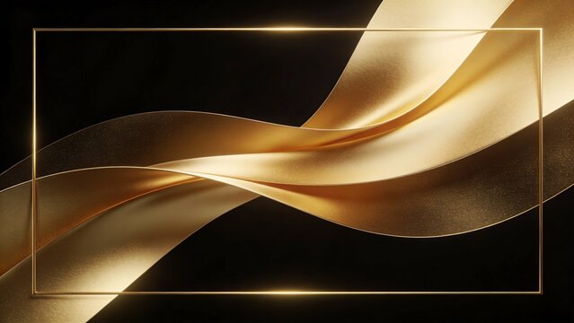 Luxury black background with elegant flowing layered gold ribbon wave, thin gold frame border, soft glow lighting, minimal premium composition