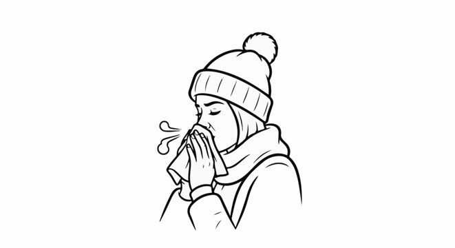 Person wearing winter clothing, blowing nose into tissue