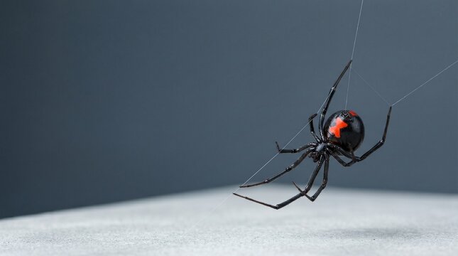 Black widow spider with red hourglass mark hanging on web against grey background, dangerous arachnid close up for nature education or Halloween horror concept, venomous insect macro