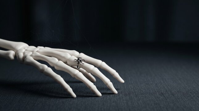Skeleton hand with black spider ring on dark background, minimalist spooky Halloween concept for jewelry advertising or horror party promotion, elegant macabre aesthetic with copy space