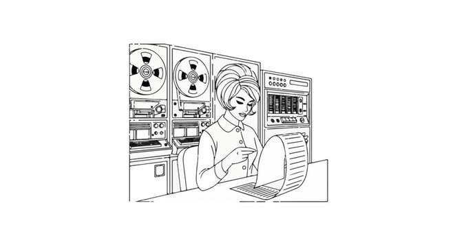 Retro woman at vintage computer console with reel-to-reel tape drives