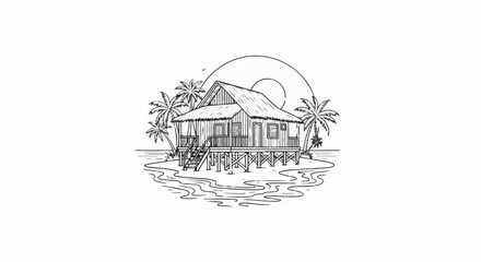 Fototapeta premium Rustic stilt house on tropical island, palm trees, ocean waves, sunset
