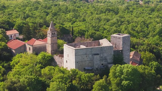Aerial View of Paz Village and Medieval Fort Ruins, Istria, Croatia