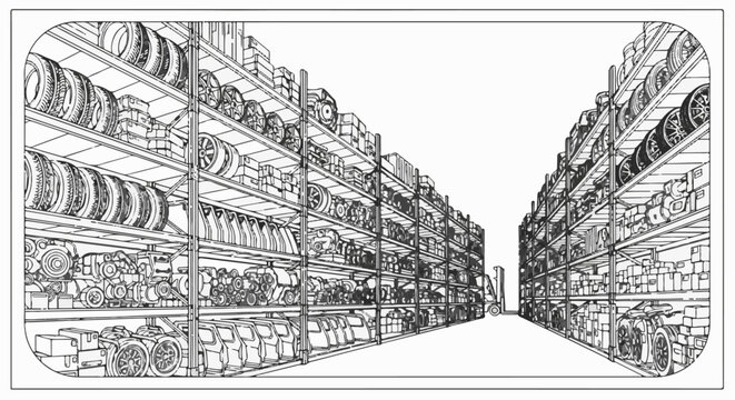 Rows of shelves filled with auto parts in a warehouse