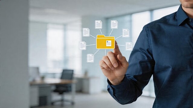 Businessman organizing digital files selecting folders in office environment modern technology concept