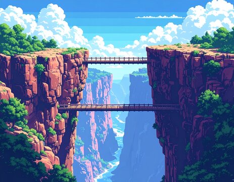 Pixel Art Landscape - Suspension Bridges Spanning a Deep Canyon.