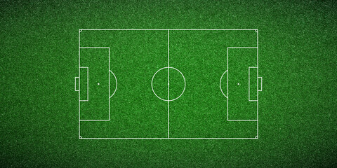 Top-down view of a green soccer pitch with standard white markings. Ideal for sports strategy or as a graphic background. © flexelf