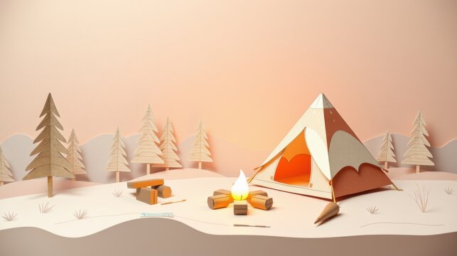 Papercraft scene depicts camping setup. Tent glows warmly near fire, surrounded by trees, mountains, simple furniture. Peaceful outdoor setting.