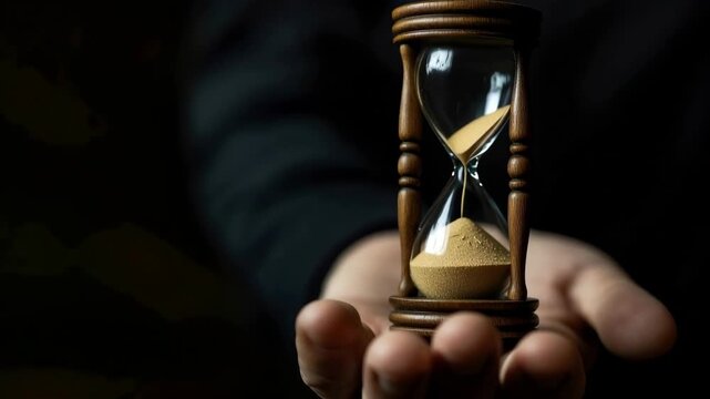 Businessman's hand holding a classic wooden hourglass against a dark background, representing the concept of time management, deadlines, and the irreversible passage of moments in life