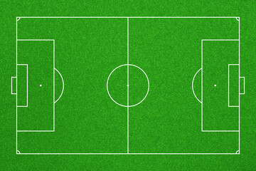 Top-down view of a green soccer pitch with standard white markings. Ideal for sports strategy or as a graphic background. © flexelf