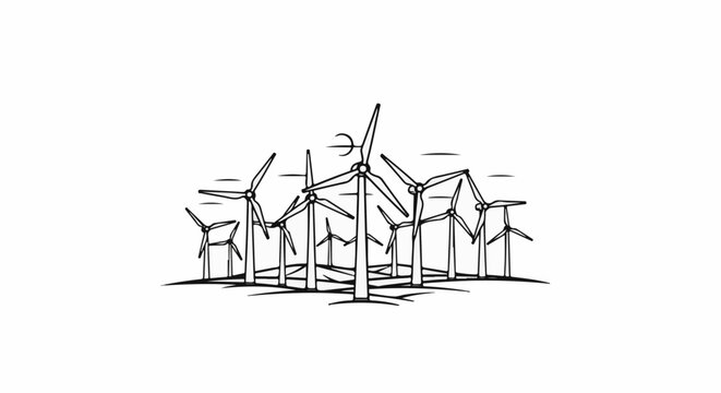 Sketchy group of wind turbines on a white background, showing renewable energy