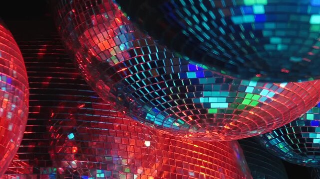 Joyful birthday festivities ignite dazzling disco. Countless shimmering mirror balls reflect brilliant spectrum of green, red, purple, and blue light, transforming night into enchanting celebration.