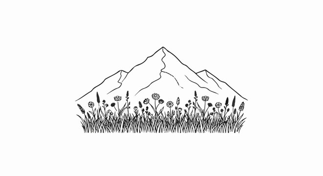 Sketchy mountain peaks above a field of wildflowers and grass
