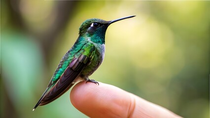 Fototapeta premium Tiny Hummingbird Perched Gracefully on Finger with Blurred Garden Background, Delicate Wildlife Moment, Nature Connection, and Symbol of Trust and Fragile Beauty