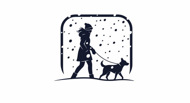 Silhouette of person walking dog in snow, monochrome