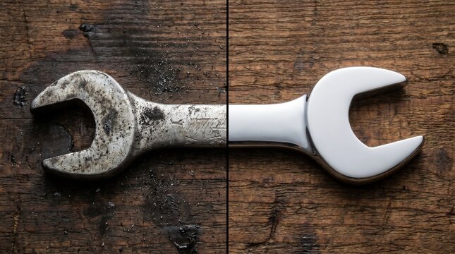 Old versus new: a cohesive spanner on a rustic wooden background