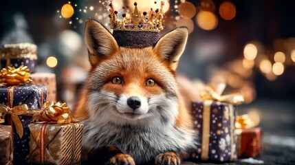 Fototapeta premium Fox Wearing Festive Crown Sitting Among Wrapped Gifts and Decorations