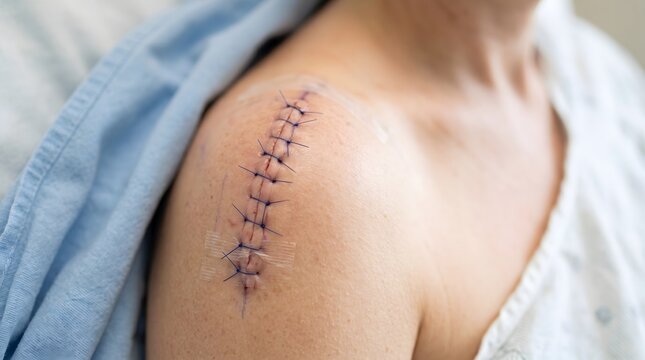 Close-up of shoulder surgical stitches after operation, wound healing and post surgery recovery concept