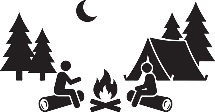 Camping Fire Scene Silhouette Vector for Outdoor Travel Concept Isolated on White Background.
