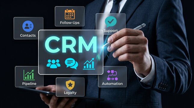 Business person interacting with crm software interface on virtual screen showcasing customer relationship management system icons for analytics support sales data on dark background, digital transfor