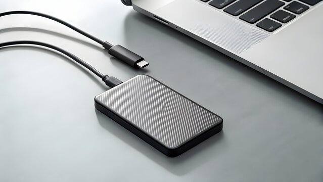 External SSD Drive Connected with Cables in Minimal Tech Workspace Setup, Modern Digital Storage Concept, Clean Productivity Environment and Compact Design Aesthetic