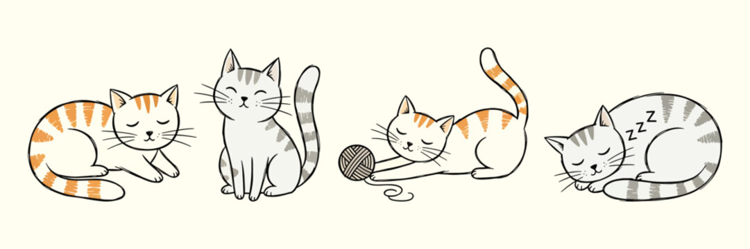 Cute cartoon cats in various sleeping positions on cream background