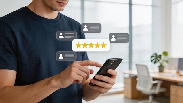 Businessman holding smartphone receiving five star reviews online rating feedback concept customer satisfaction digital interface technology user experience modern office