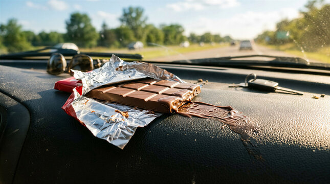 Chocolate bar melting on car dashboard under sunlight, with space for text   