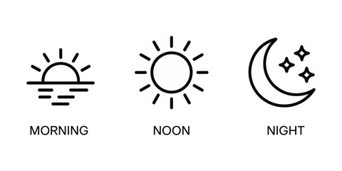 Time of day linear icon collection featuring morning sunrise, afternoon sun and starry night moon symbols for daily schedules, lifestyle planning apps and weather interface design. © HossenMuhammod MunnA