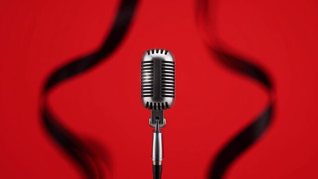 Vintage microphone on a red background with black ribbon