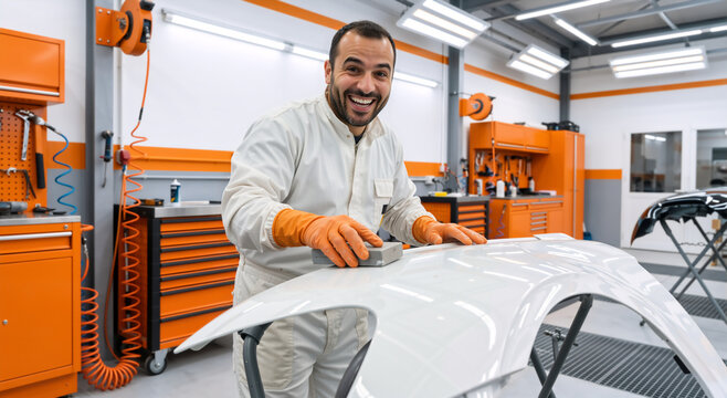 Smiling male auto body technician sanding a white car panel in a garage. Happy mechanic in white coverall and orange gloves working in a modern repair shop