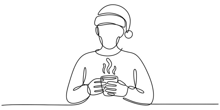Continuous single line drawing of a person wearing a santa hat holding a steaming hot cup of coffee or tea for christmas holiday celebration Vector, illustration