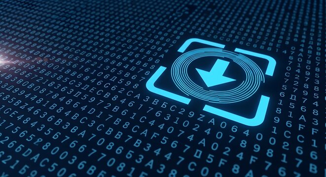 Digital download symbol with glowing cyber code binary data background, download