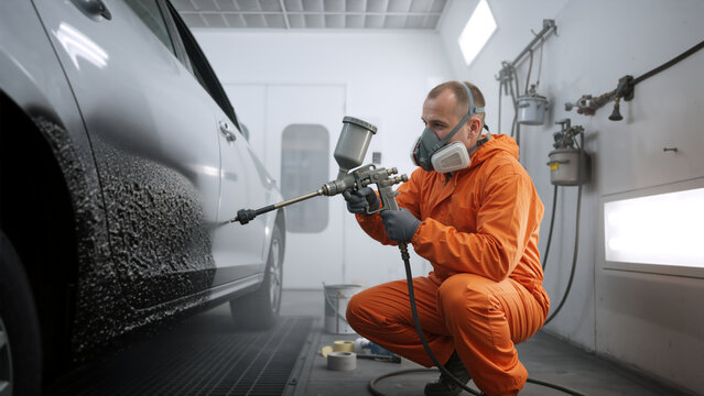 Auto body worker in orange coverall and respirator mask applying black textured coating to car panel. Mechanic spraying protective undercoating on vehicle in paint booth