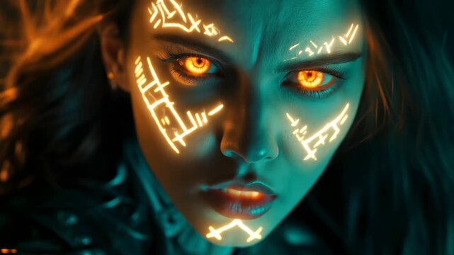 High angle, close up shot of a futuristic woman with glowing eyes and neon tattoos looking directly at the camera with a determined and intense expression in a dark, moody environment