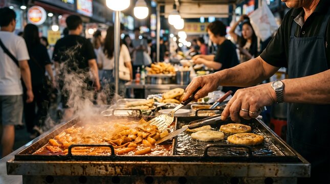 Street Food Vendors Hands Cooking Tteokbokki and Pancakes at a Bustling Market