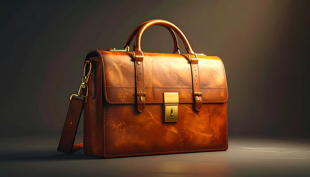 Classic Leather Briefcase with Golden Buckle and Shoulder Strap.