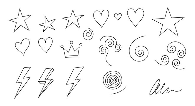 Collection of hand drawn doodle icons with lightning bolt, black and white