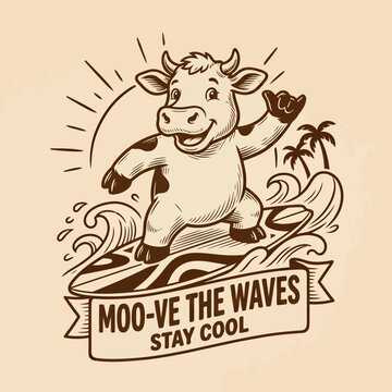 Cow Riding Surfboard On Waves Smiling.