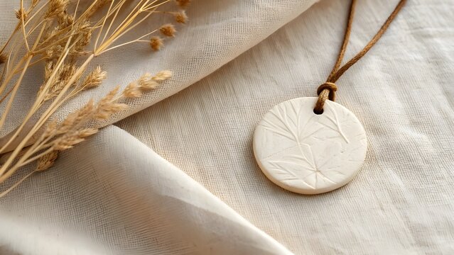 Handmade Clay Pendant Drying on Neutral Linen Cloth, Artisan Jewelry Craft Process, Natural Material Aesthetic, Slow Design, and Traditional Handcrafted Artistry Inspiration