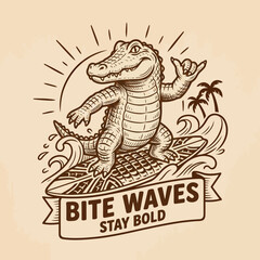 Naklejka premium Smiling Crocodile Riding Surfboard Waves.