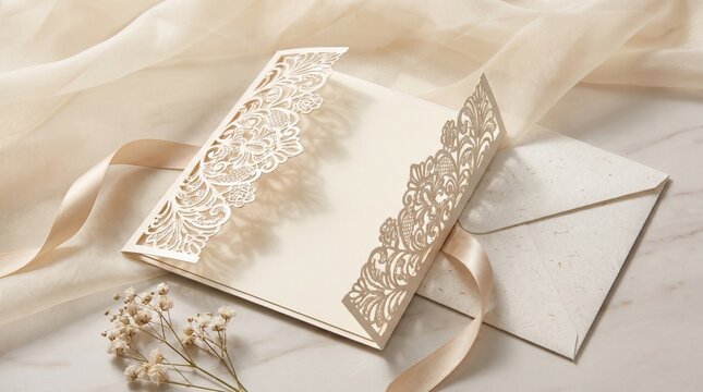 Laser-cut wedding invitation with envelope, elegant ivory stationery