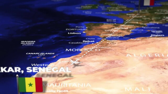 Flight From Paris FRANCE to Dakar SENEGAL with flag pins