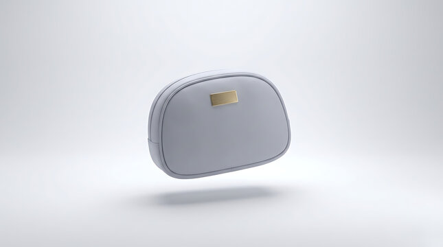 Elegant floating grey leather cosmetic pouch mockup with gold nameplate on white background.