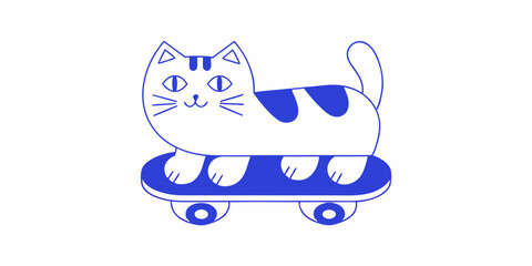 Cat on skateboard playful blue line drawing on a white background © Ratan