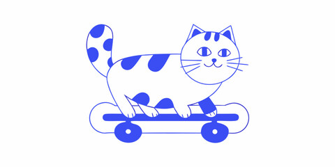 Cat on skateboard playful blue line drawing on white background © Ratan