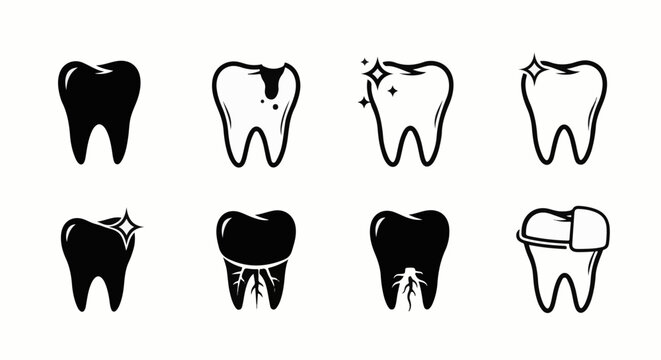 Set of eight black and white icons representing teeth